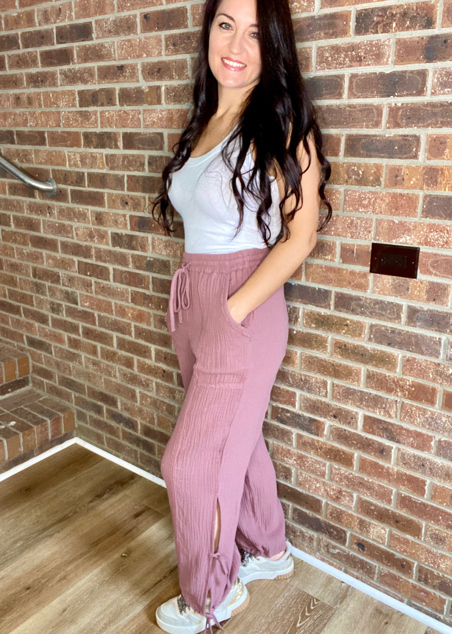 Side Tie Cotton Pants with Lace Detail