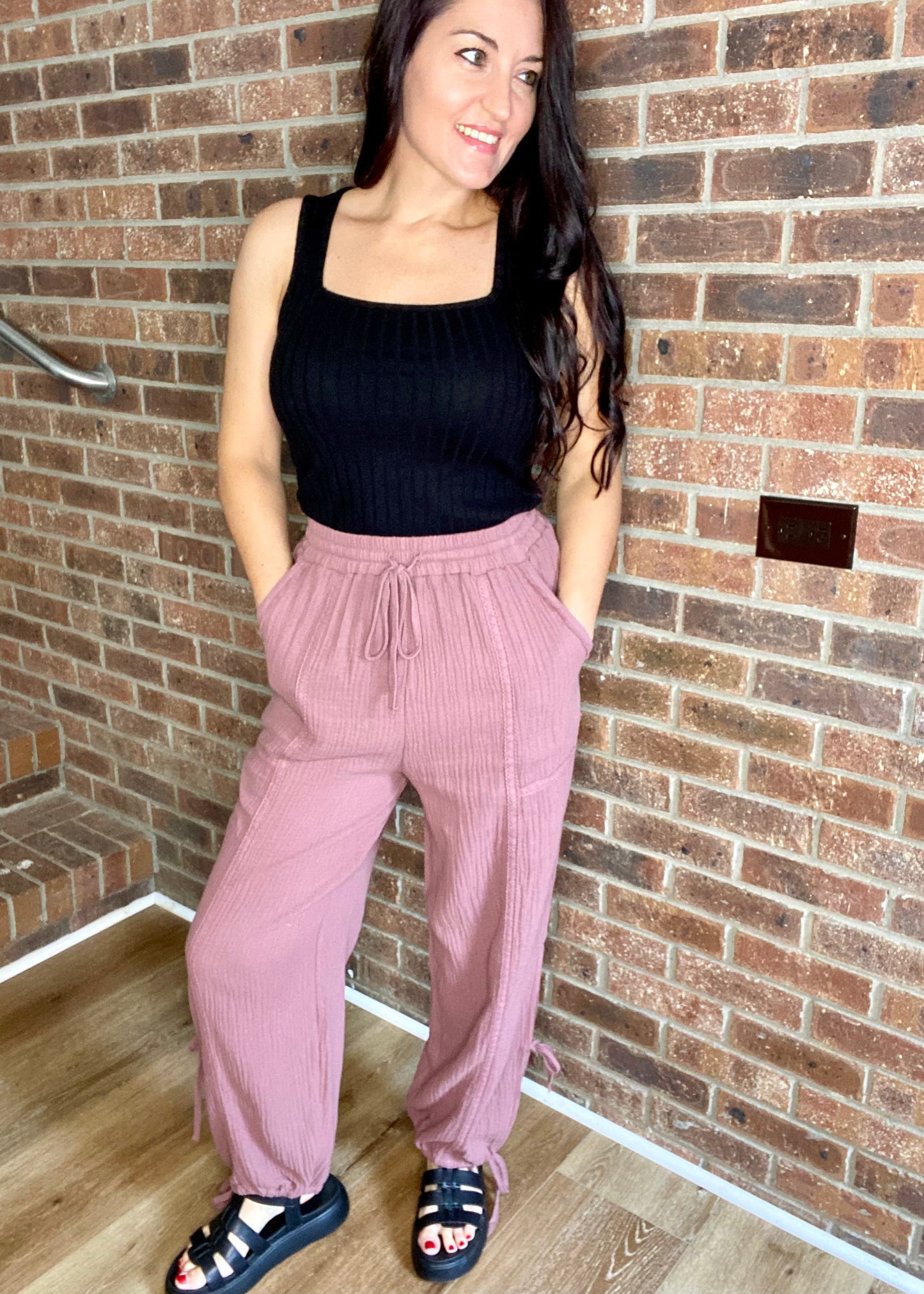 Side Tie Cotton Pants with Lace Detail