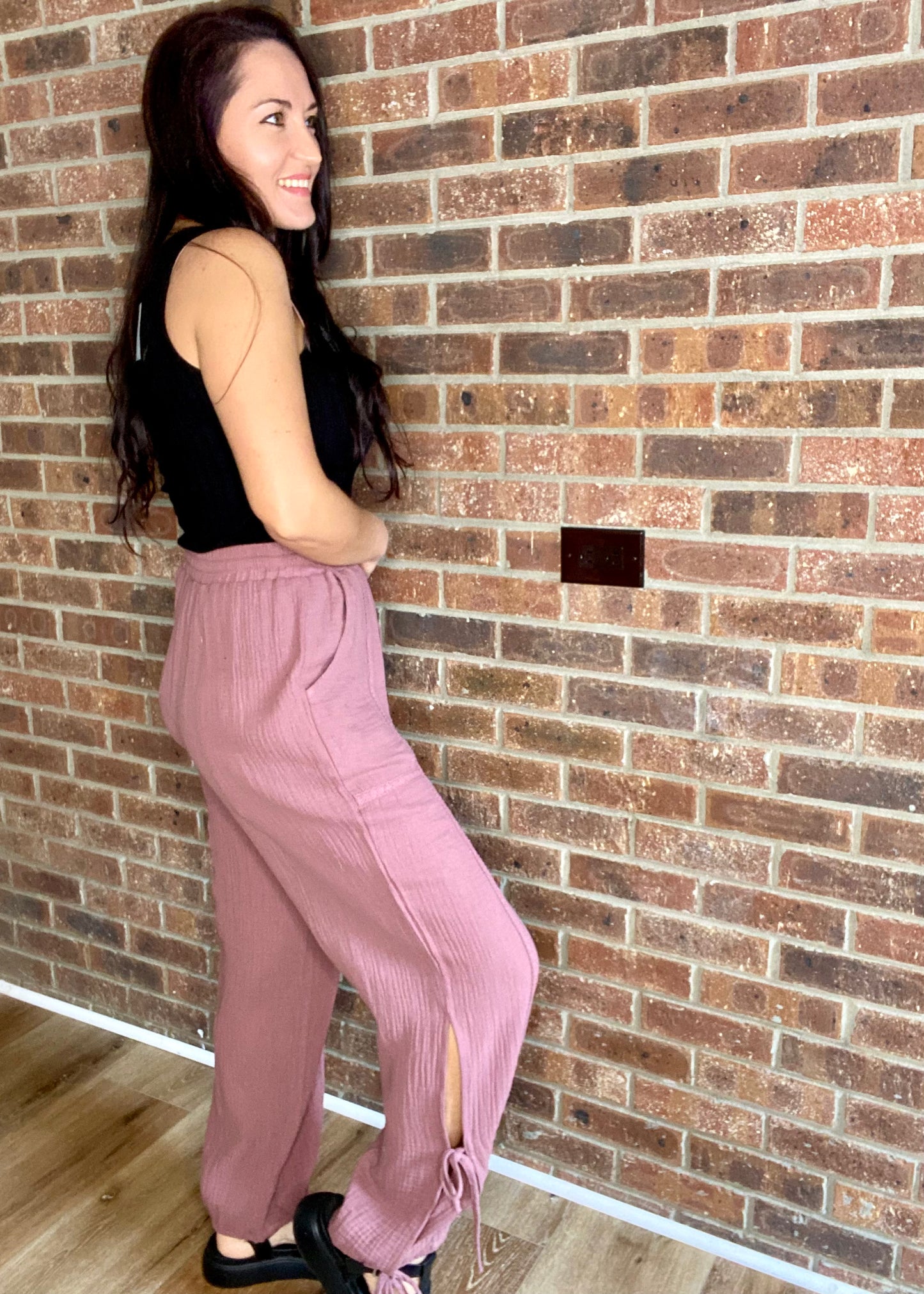 Side Tie Cotton Pants with Lace Detail