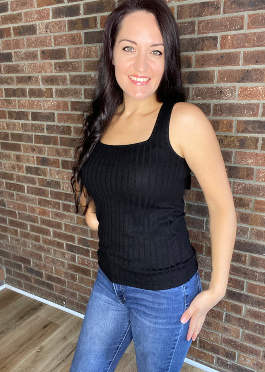 Zenana Square Neck Ribbed Tank - Black