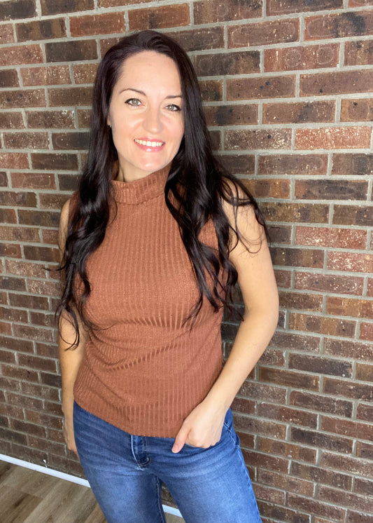 Ribbed Turtleneck Tank - Brown