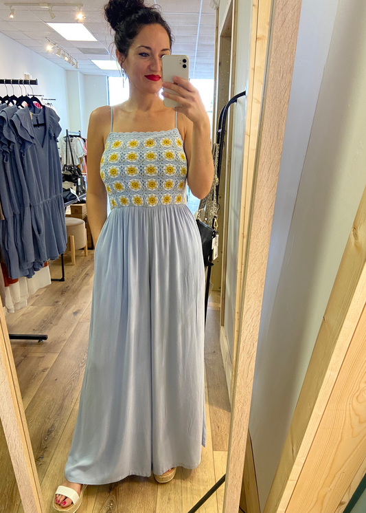 Daisy Crochet Blue Smocked Jumpsuit