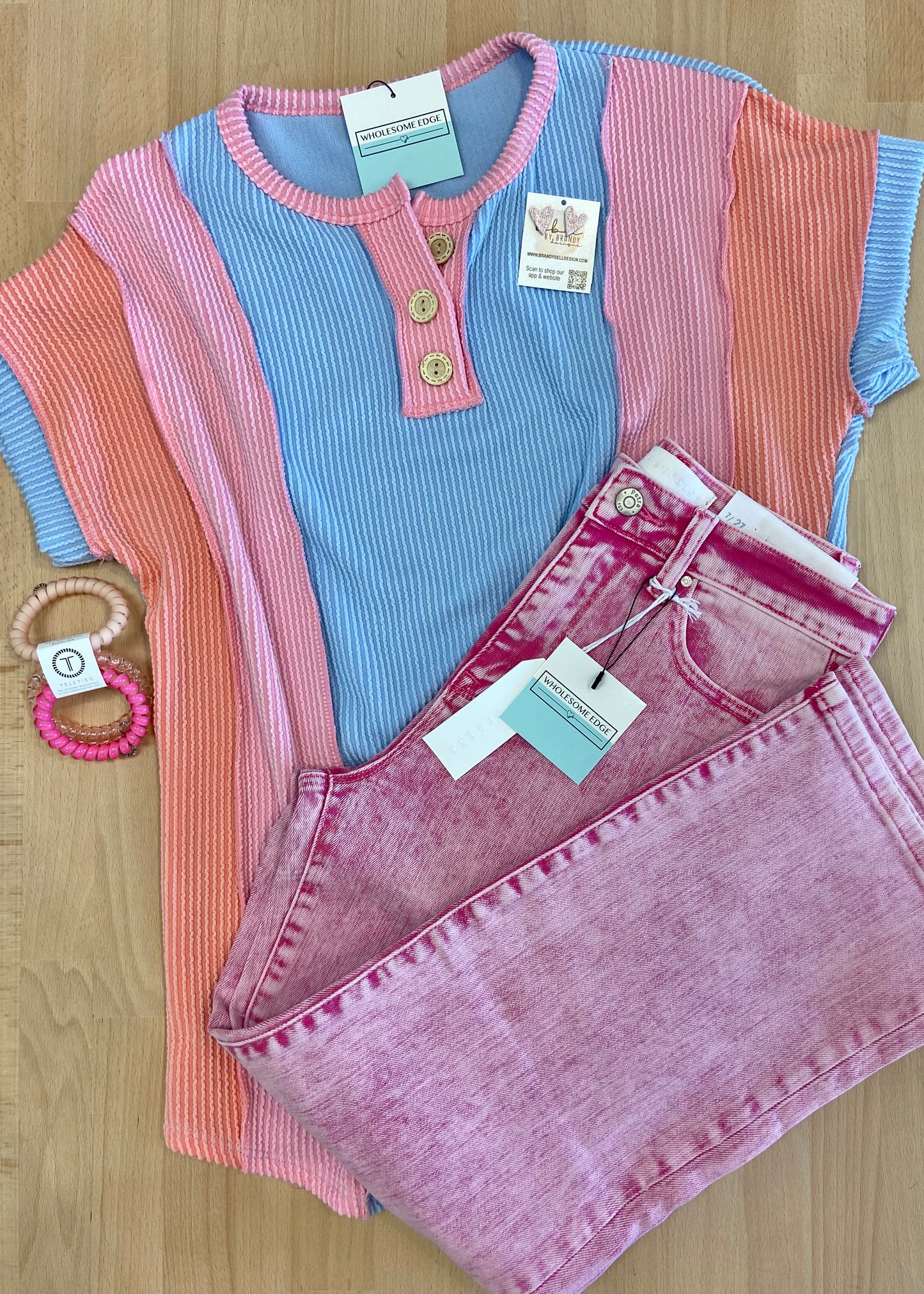 DOORBUSTER! Colorblock Ribbed Button Neck Top - Blue Combo