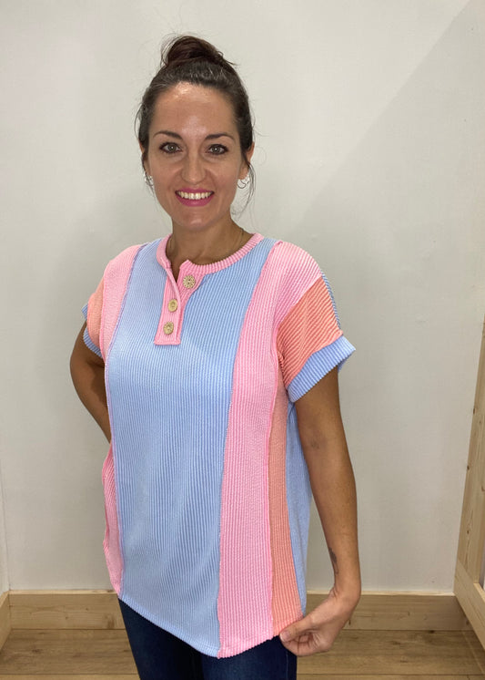 DOORBUSTER! Colorblock Ribbed Button Neck Top - Blue Combo