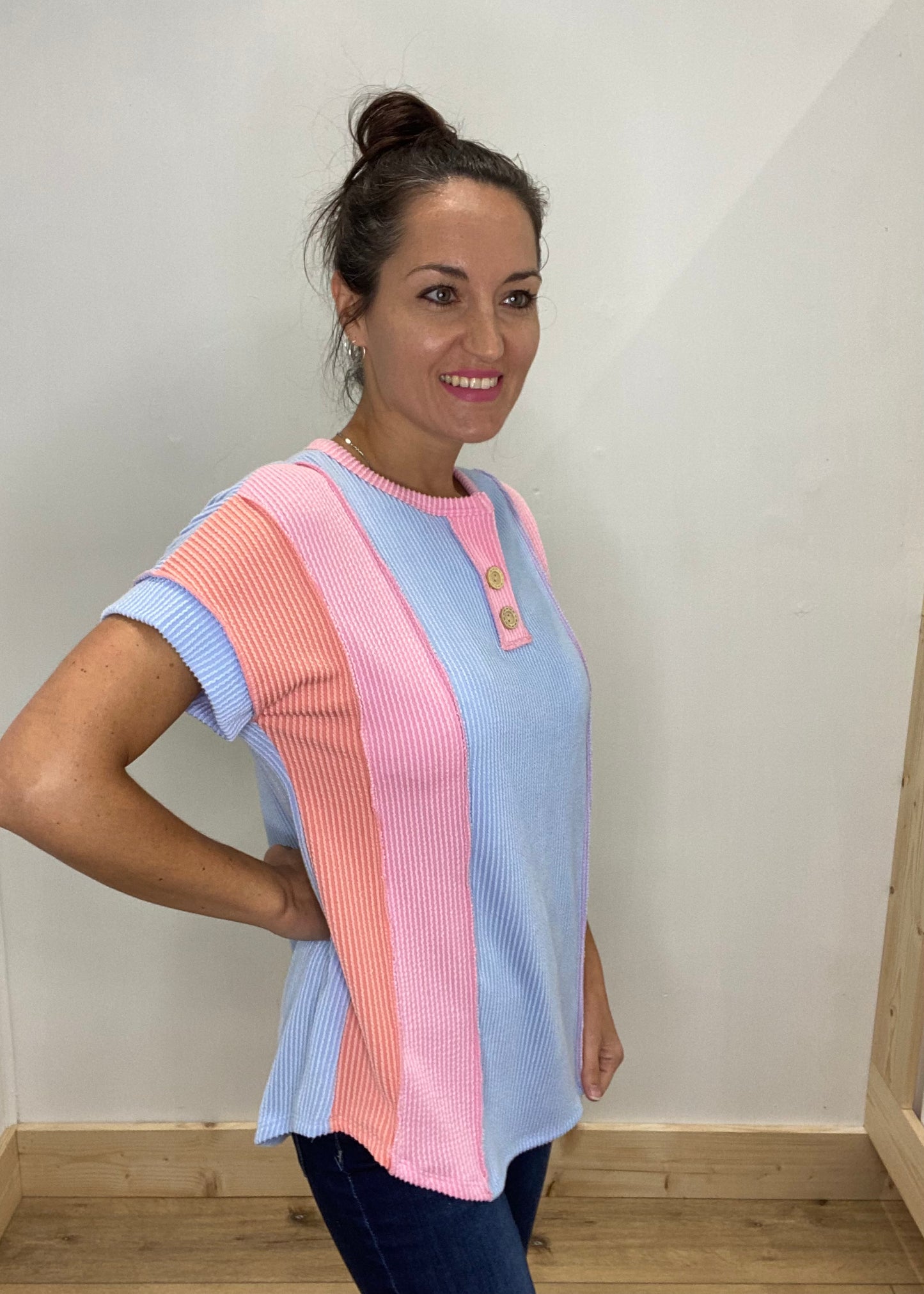 DOORBUSTER! Colorblock Ribbed Button Neck Top - Blue Combo