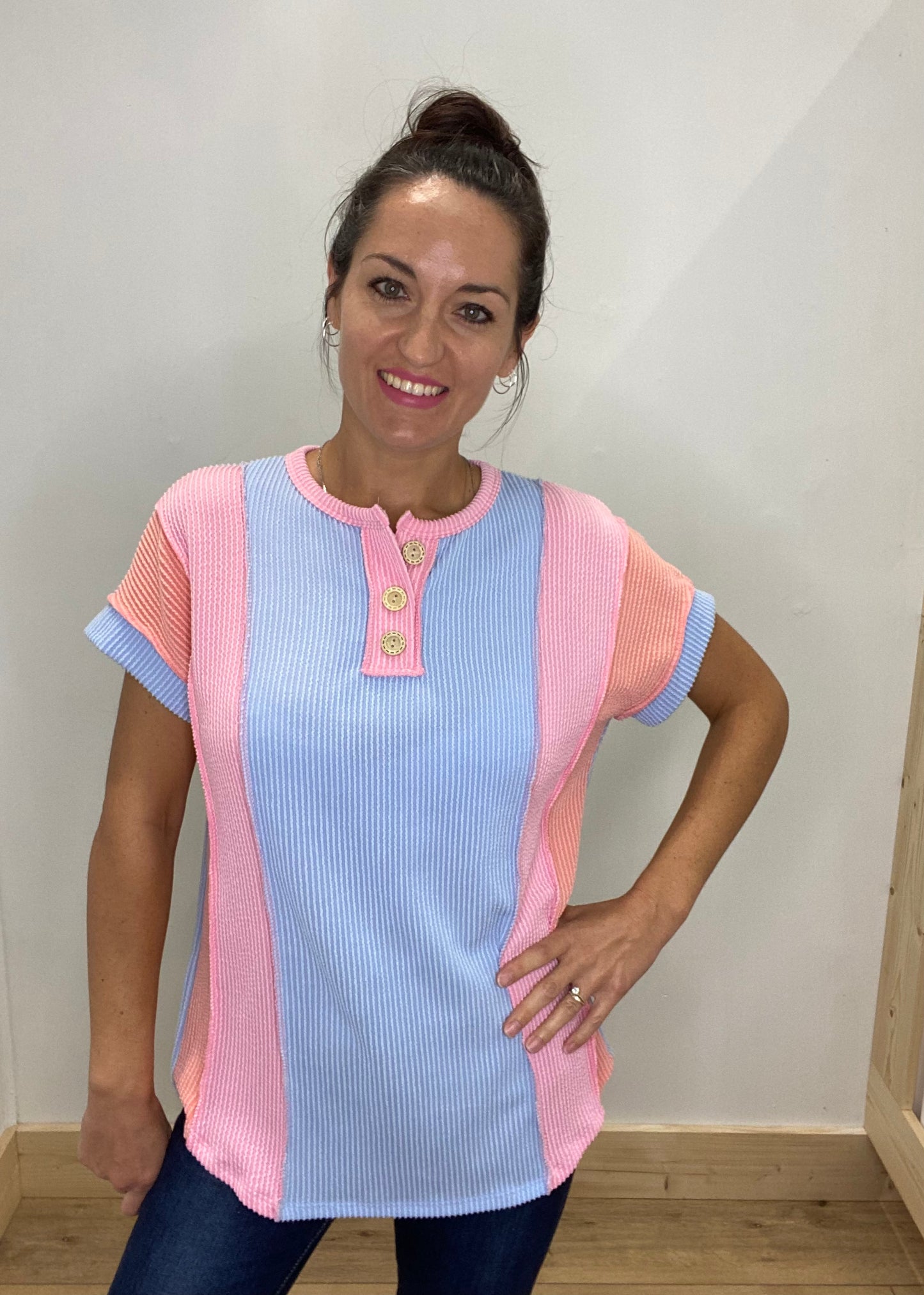 DOORBUSTER! Colorblock Ribbed Button Neck Top - Blue Combo