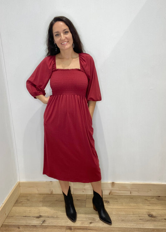DOORBUSTER! Comfy Smocked Tie Back Dress - Red Wine