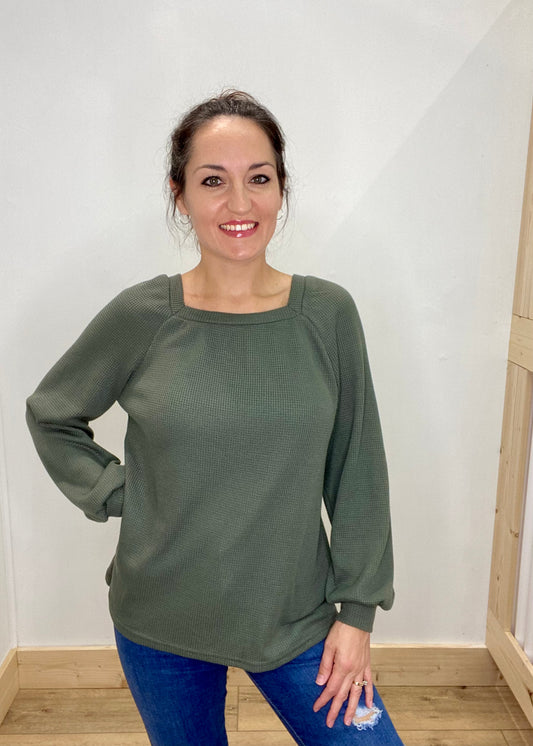 Long Sleeve Square Neck Waffle Knit Top