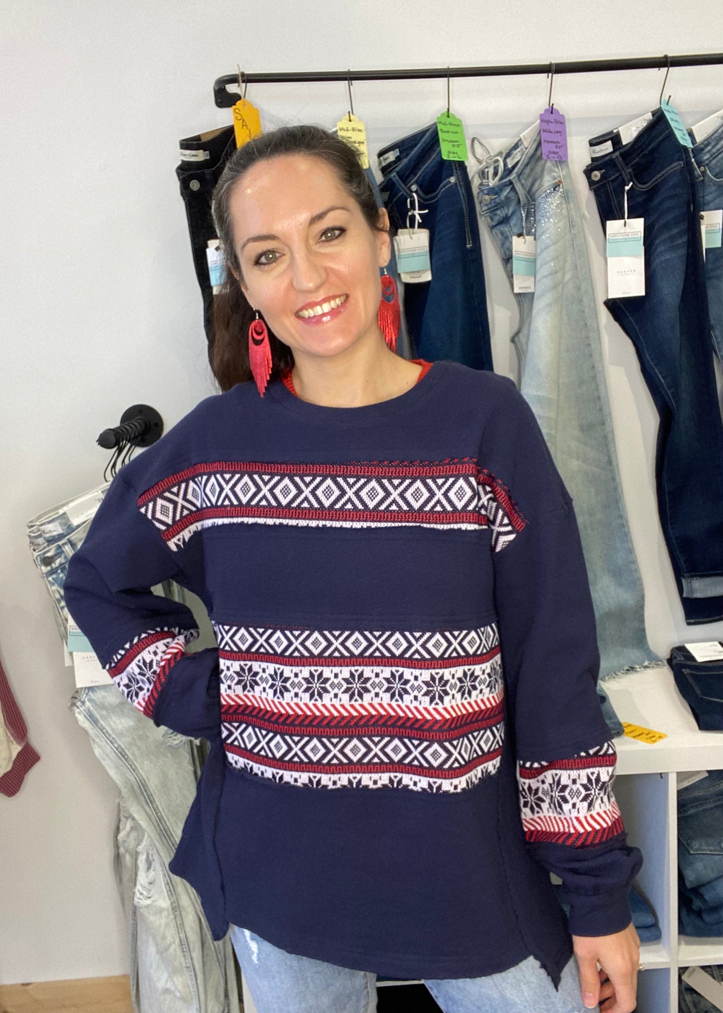 Wintery Bliss Knit Contrast Top - Navy
