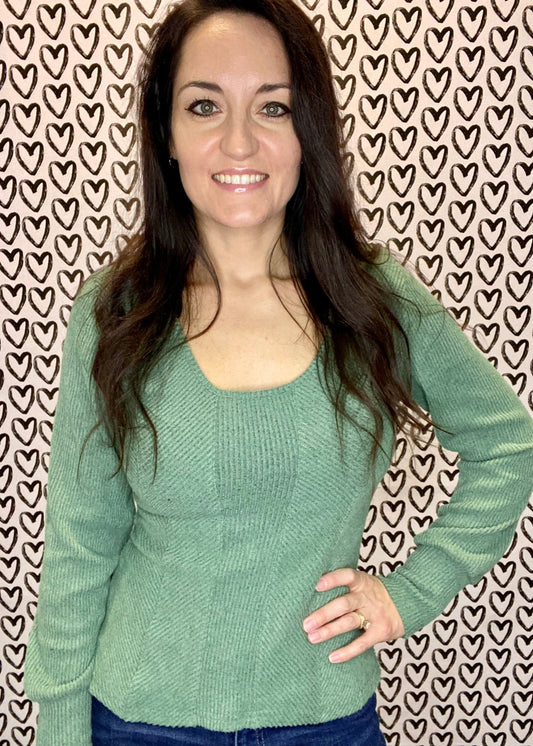 Soft Textured Scoop Neck Top - Green