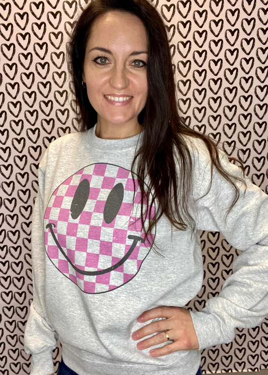 Pink Checkered Smiley Face Sweatshirt