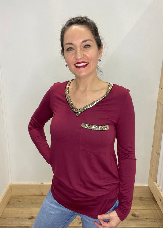 Sequin Flare V-Neck Top - Burgundy