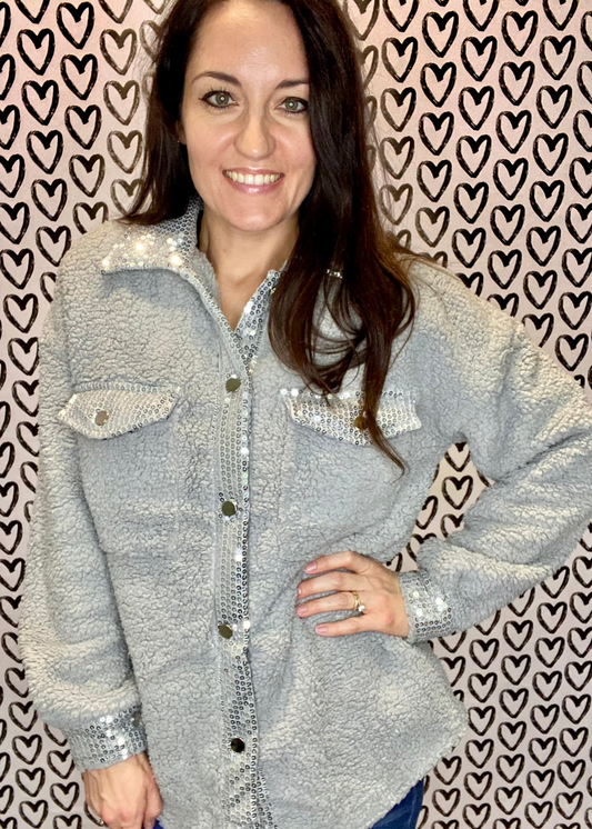 Silver Sequin Trimmed Sherpa Shacket