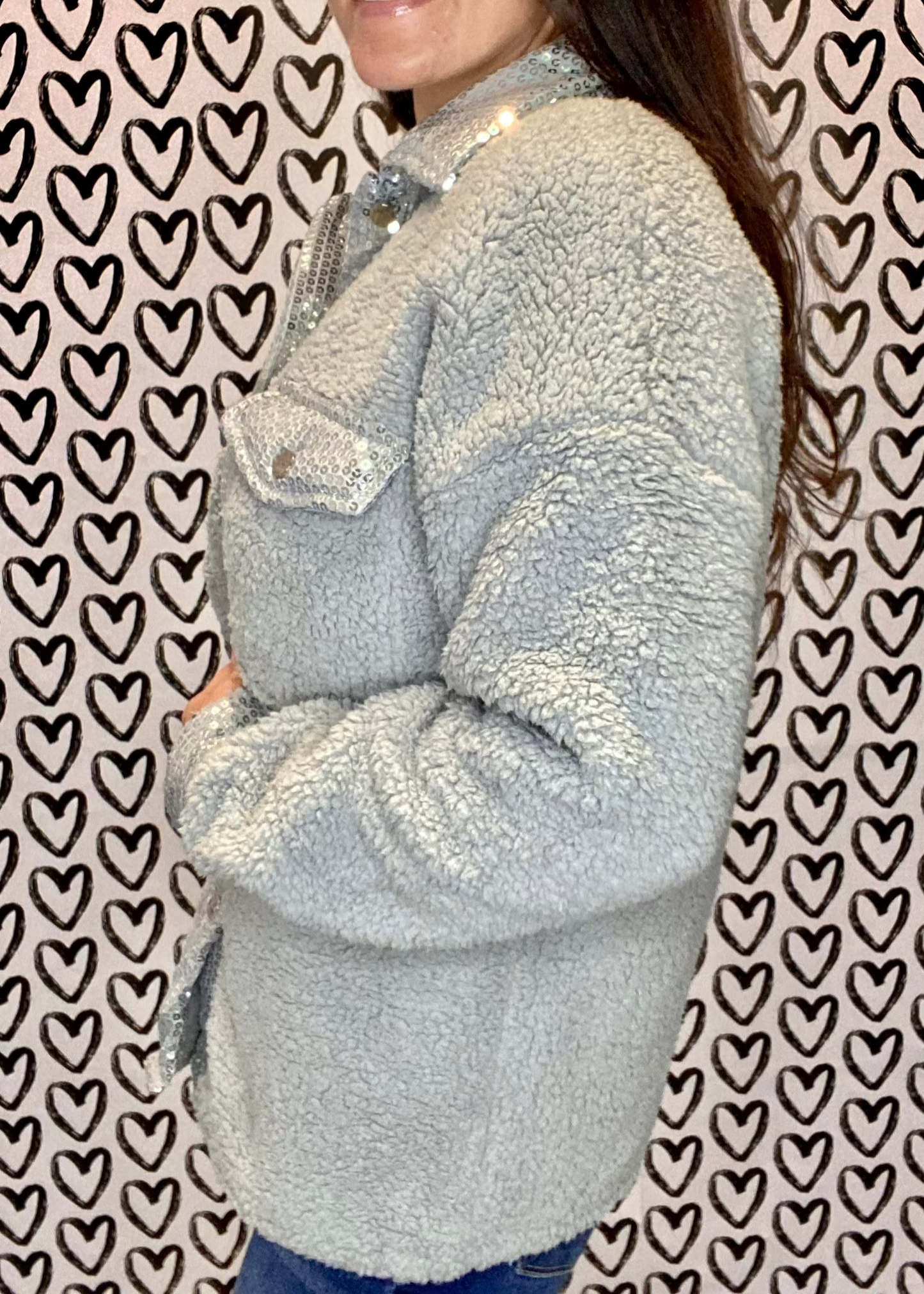 Silver Sequin Trimmed Sherpa Shacket