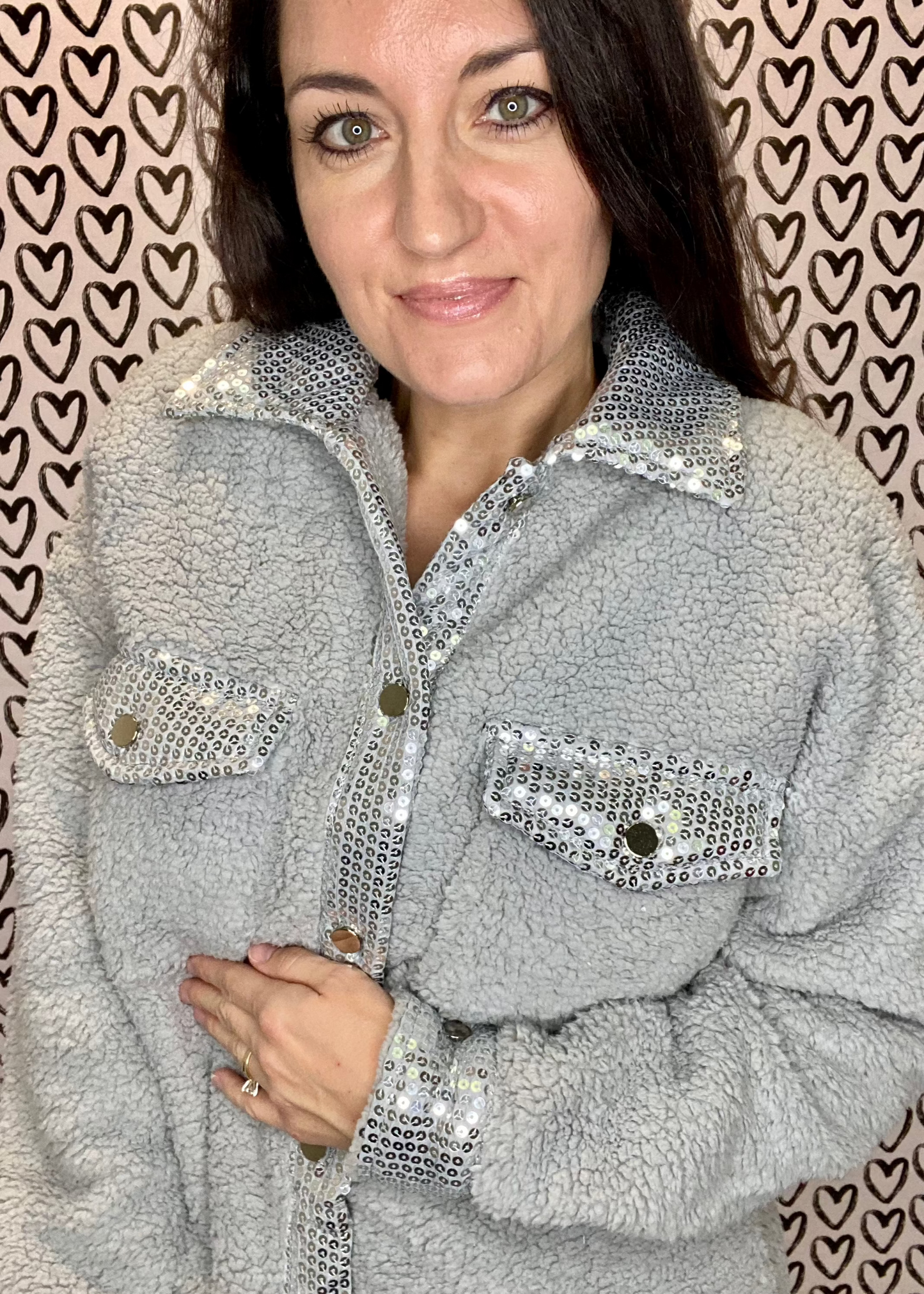 Silver Sequin Trimmed Sherpa Shacket
