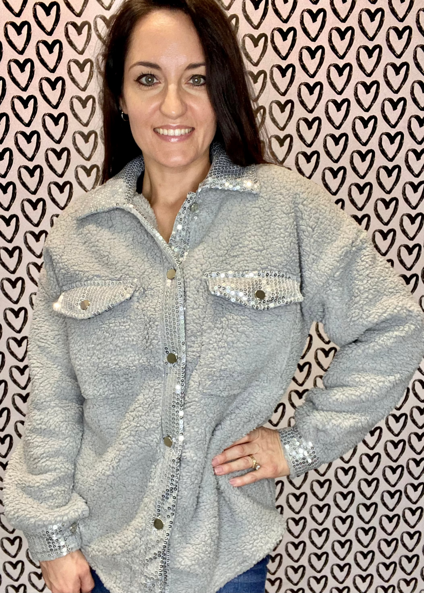 Silver Sequin Trimmed Sherpa Shacket