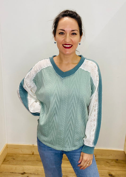 Cable Knit & Eyelet Lace Top - Olive