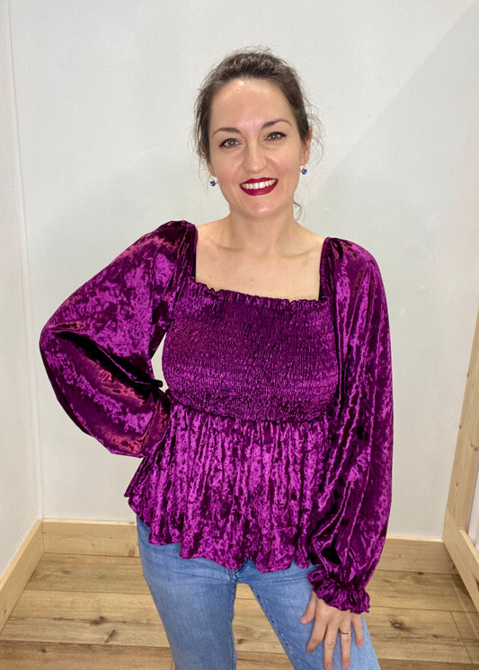 Crushed Velvet Balloon Sleeve Blouse