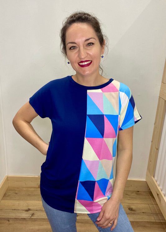 DOORBUSTER! Half & Half Geometric Top - Navy