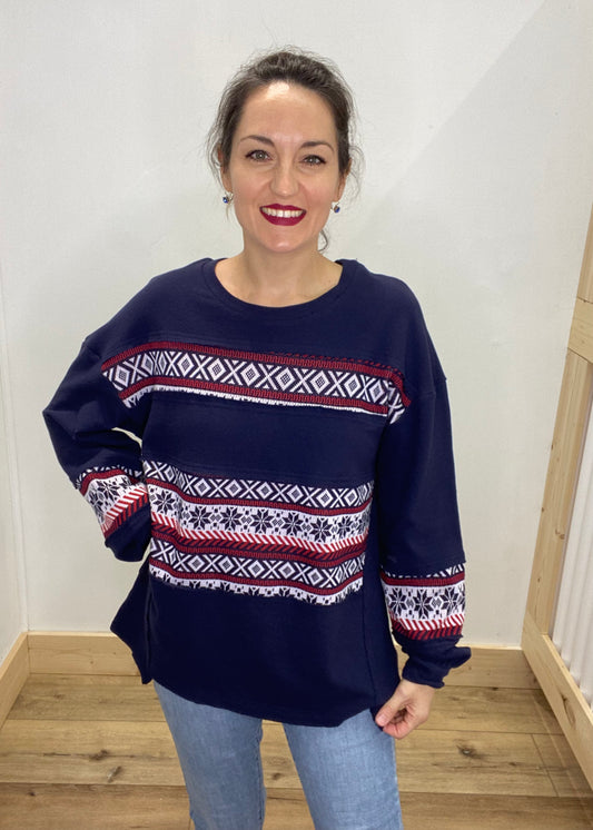 Wintery Bliss Knit Contrast Top - Navy