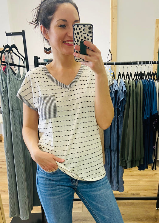 Dotty's Stripes V-Neck Top - Ivory & Black