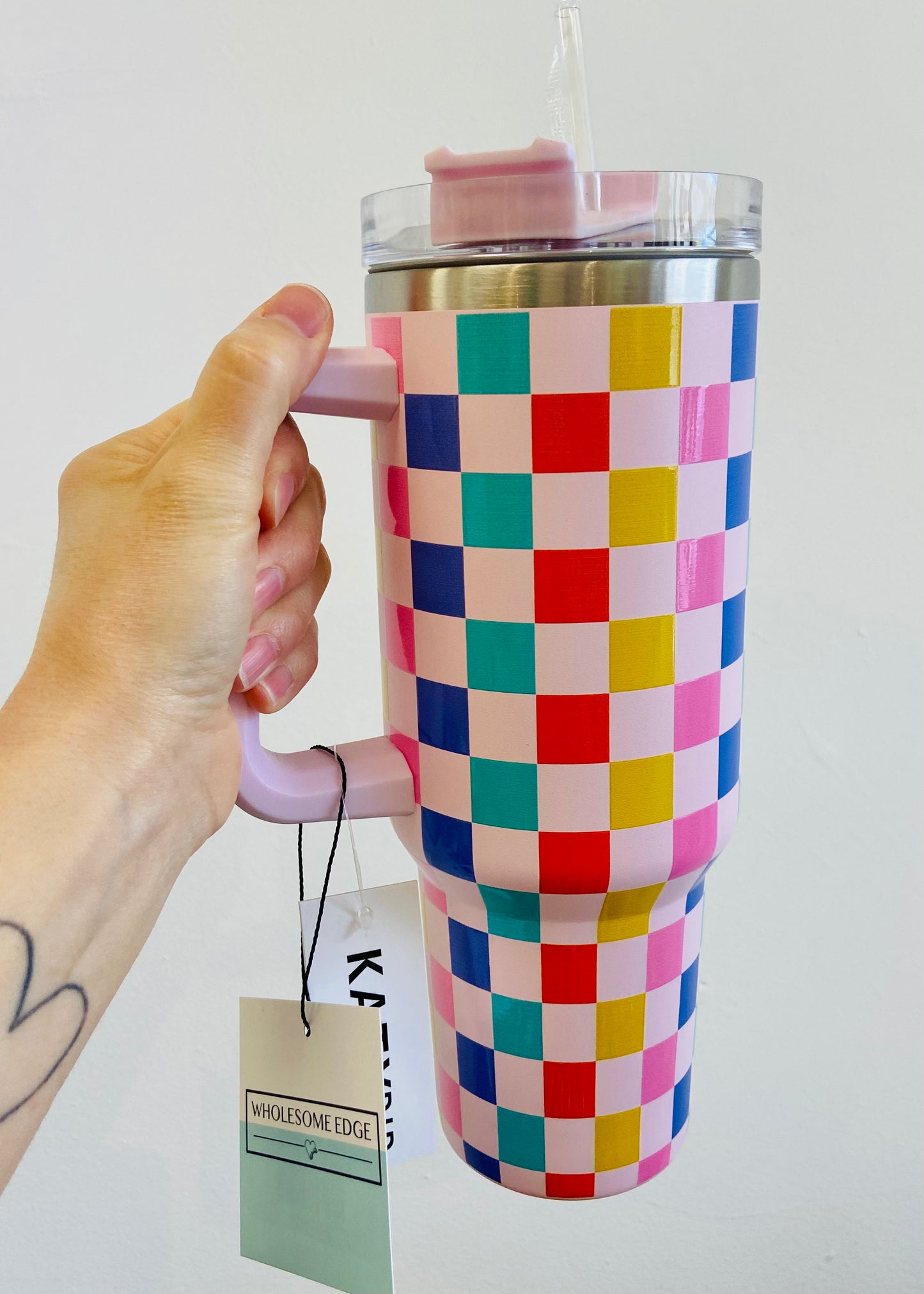 Katydid Multi-Colored Checkered Tumbler