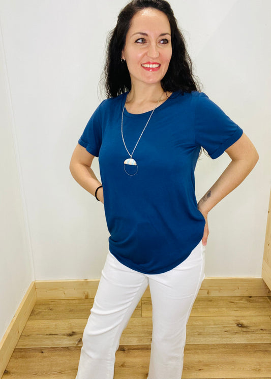 Crewneck Cuff Tee - Light Navy