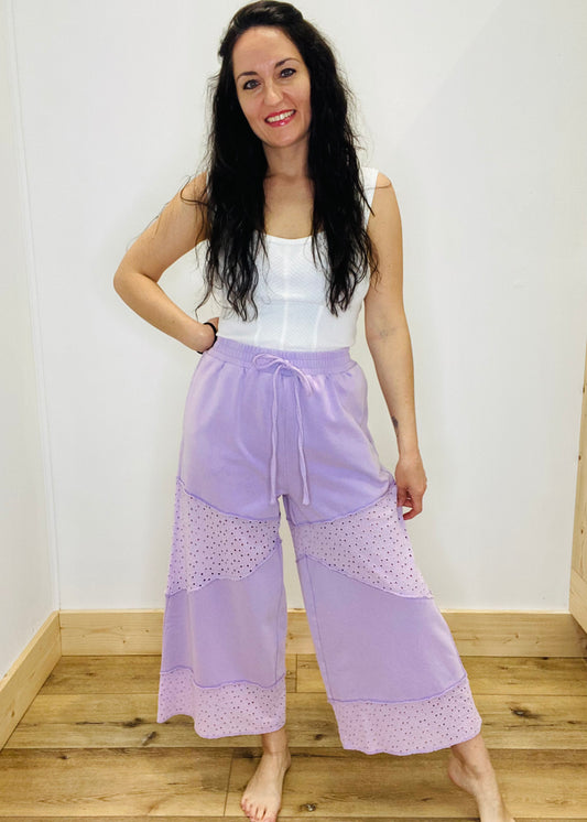 Acid Washed Eyelet French Terry Pants - Lilac