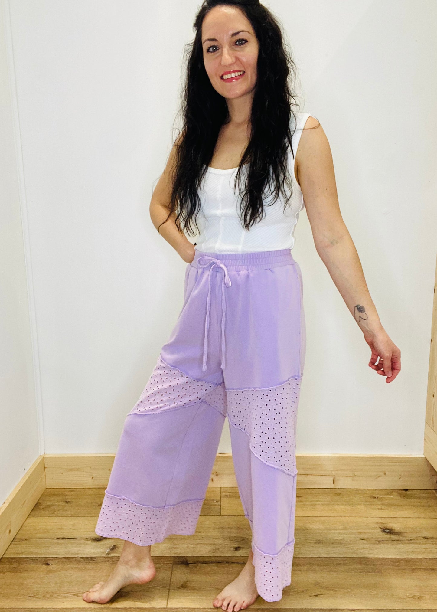 Acid Washed Eyelet French Terry Pants - Lilac
