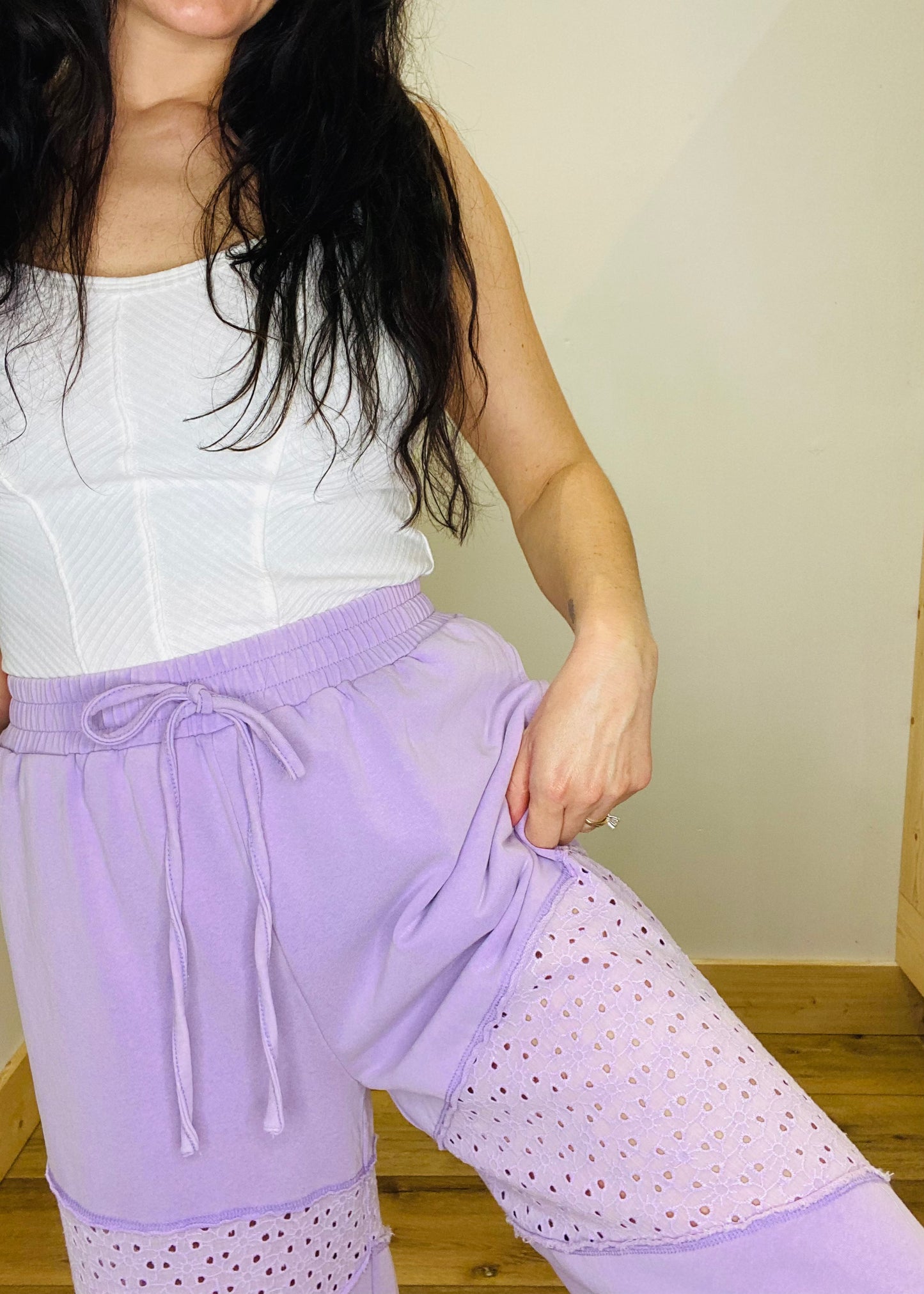 Acid Washed Eyelet French Terry Pants - Lilac