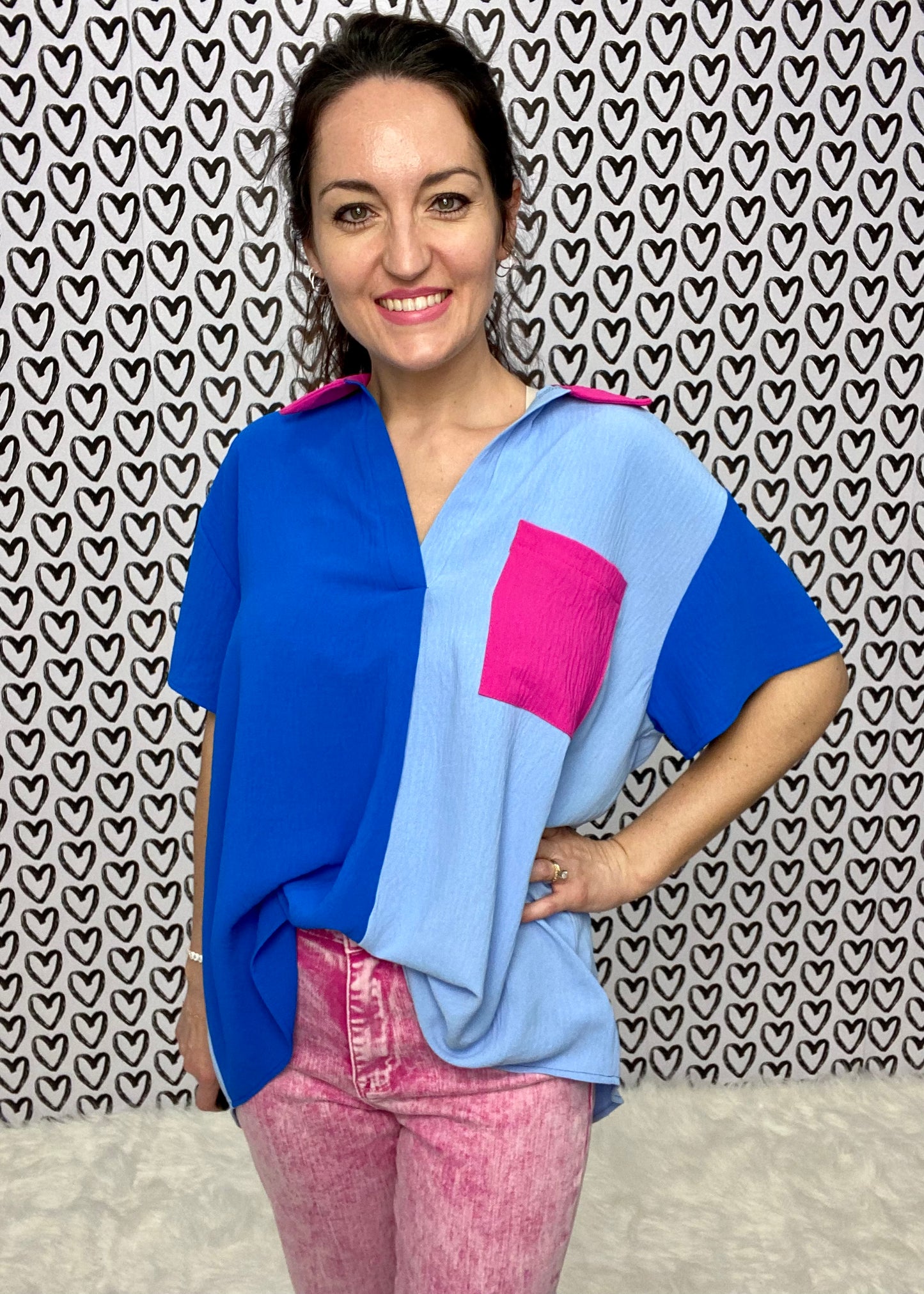 Pink Pocket Colorblock Blouse