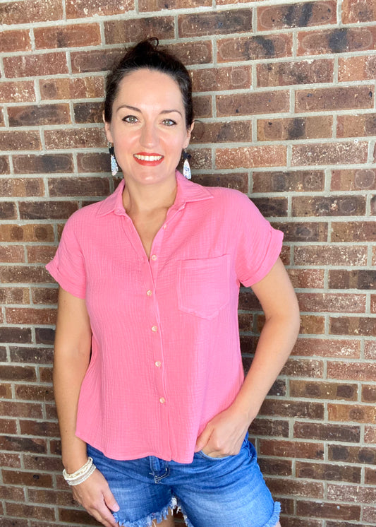 Cotton Gauze Button Down Top - Coral