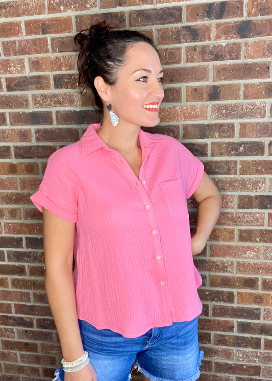 Cotton Gauze Button Down Top - Coral