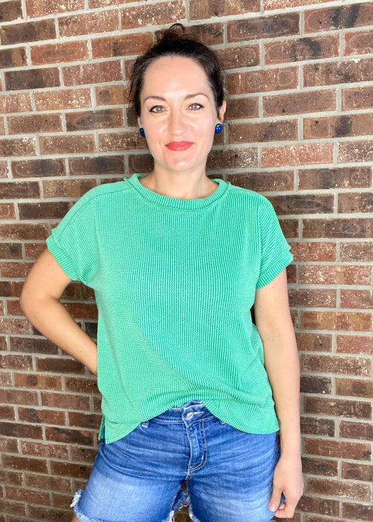 Soft Ribbed Round Neck Top - Green